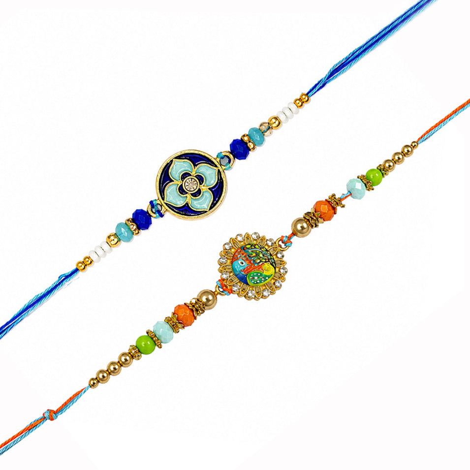 Royal Blue Lotus Peacock Meenakari Rakhi (Set of 2)