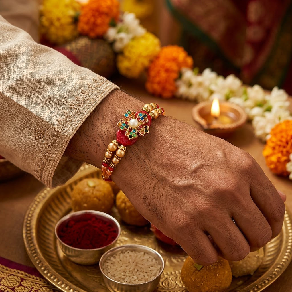 Multicolor Stone Floral Motif Golden Pearl Beaded Rakhi