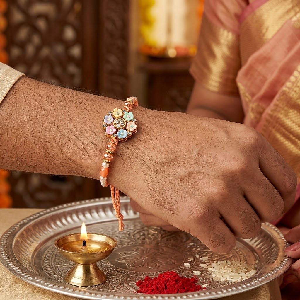 Handcrafted Multicolor Pastel Flower Bouquet Dial Rakhi