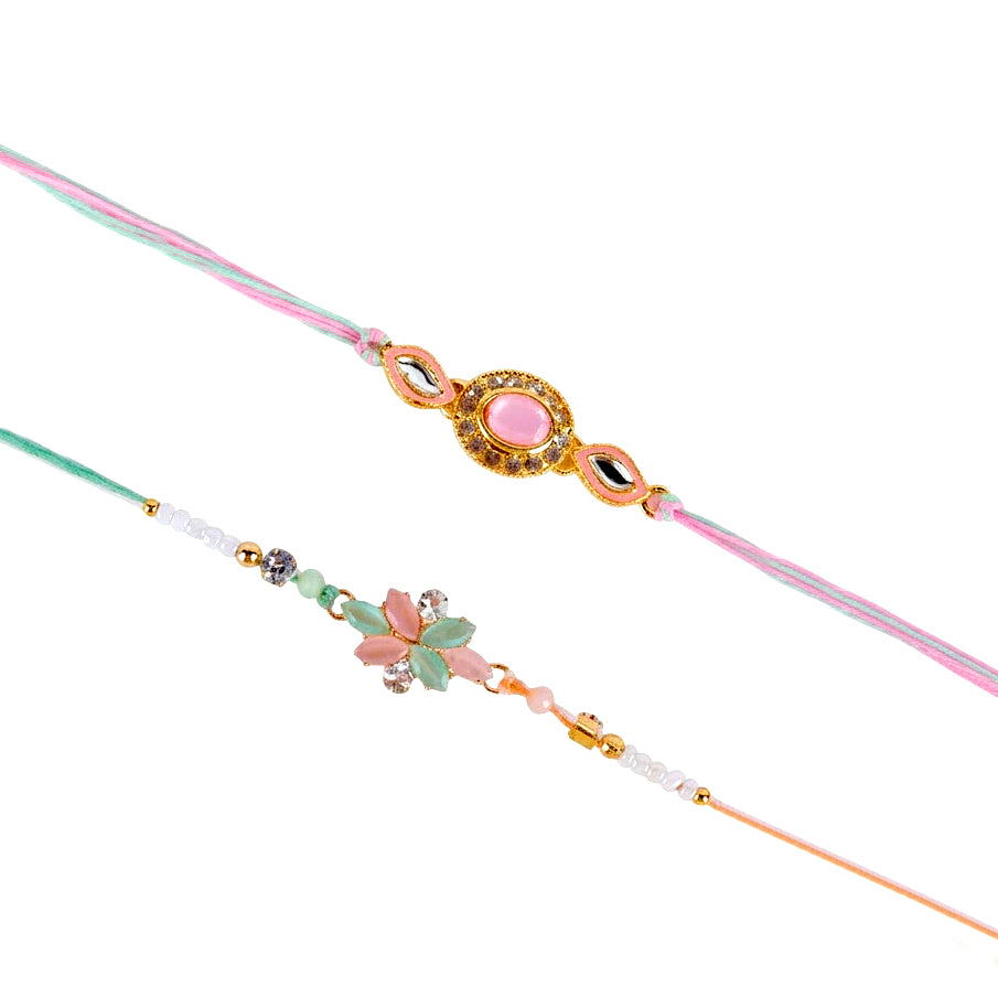Pastel Pink Oval Stone Floral Cluster Designer Rakhi (Set of 2)