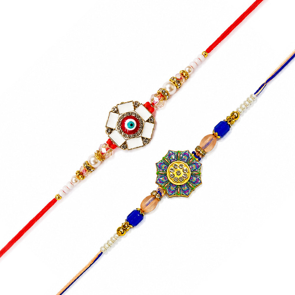 Enamel Evil Eye and Floral Meenakari Designer Rakhi (Set of 2)