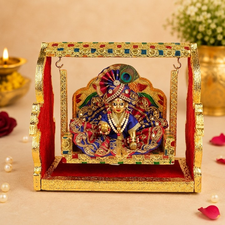 Golden Meenakari Peacock Singhasan Jhula for Laddu Gopal