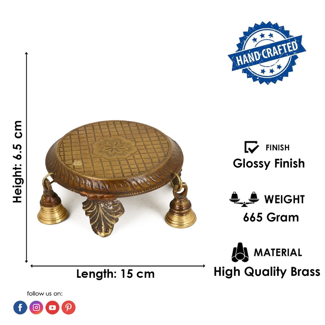 2.5 Inch Decorative Brass Chowki with Bells