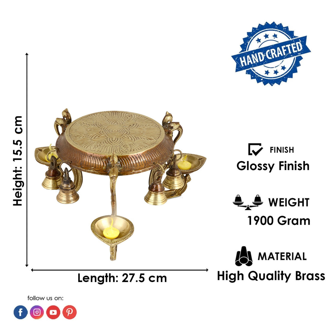 6.1 Inch Decorative Brass Chowki With Diya and Bell