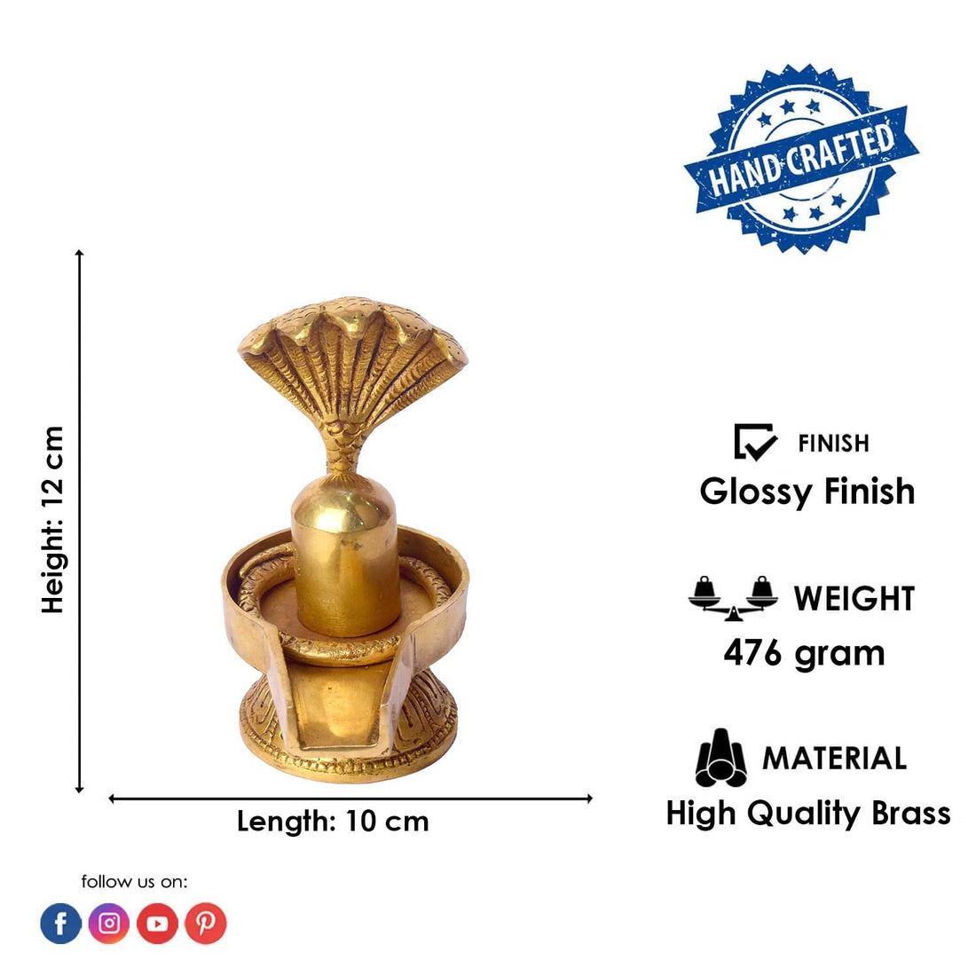 4.7 Inch Handcrafted Brass Shivling with Sheshnag