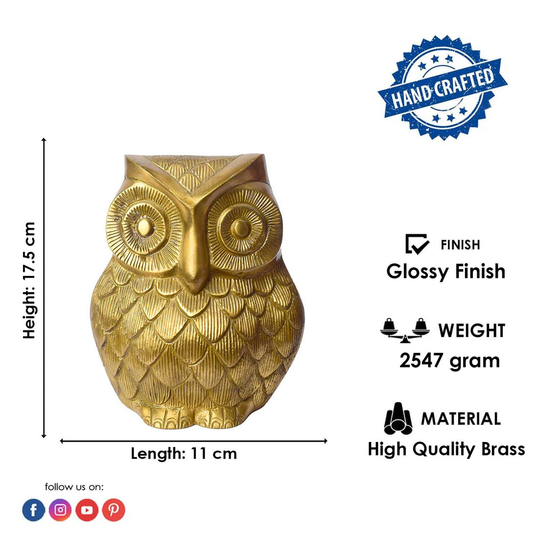 6.9 Inch Brass Engraved Owl (Lakshmi Vaahan) Statue
