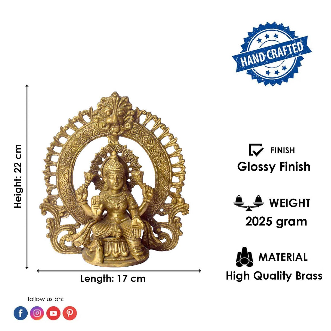 8.7 Inch Exquisite Pure Brass Goddess Lakshmi with Prabhaval Idol