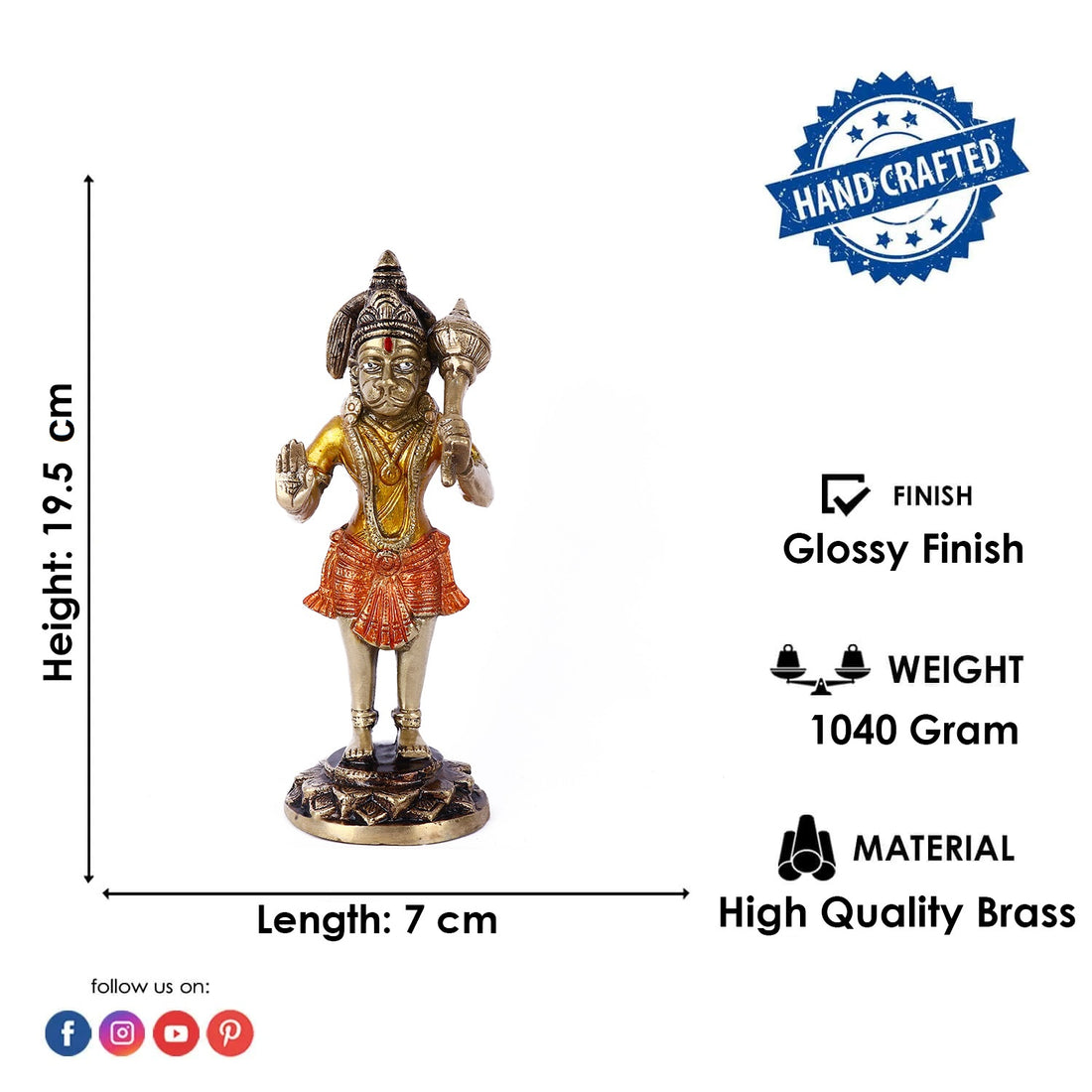 7.6 Inch Brass Standing Hanuman Ji Idol