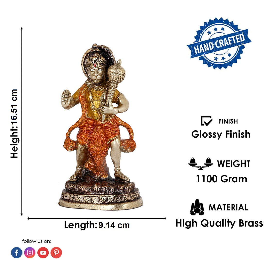6.5 Inch Graceful Brass Hanuman Bajrangbali Statue
