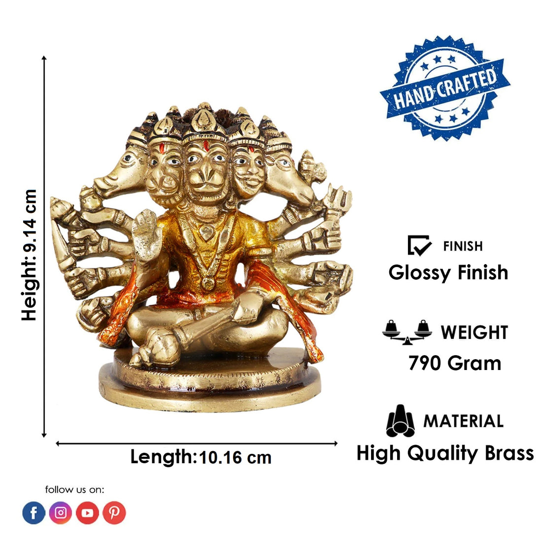 3.5 Inch Stylistic Brass Panchmukhi Hanuman Idol