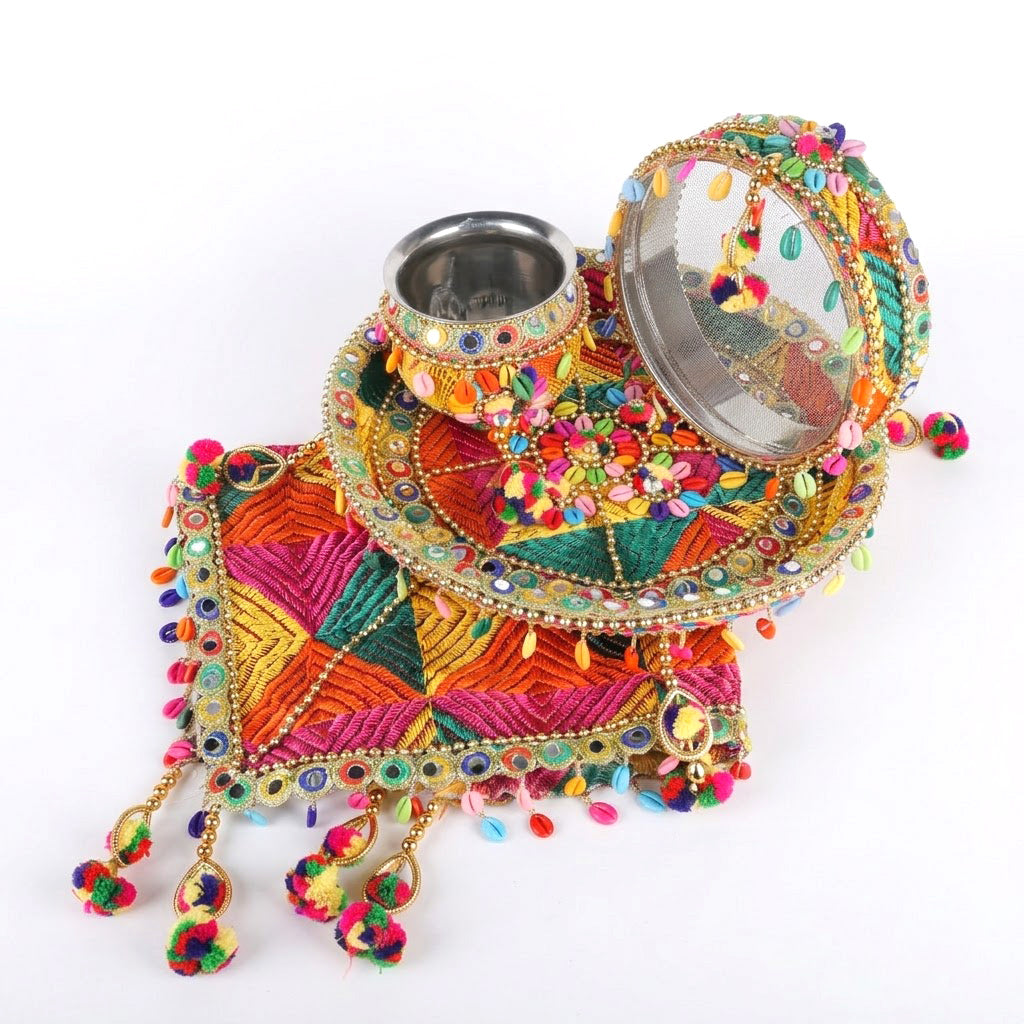 11 Pc Multicolor Thread Work Karwa Chauth Thali Set