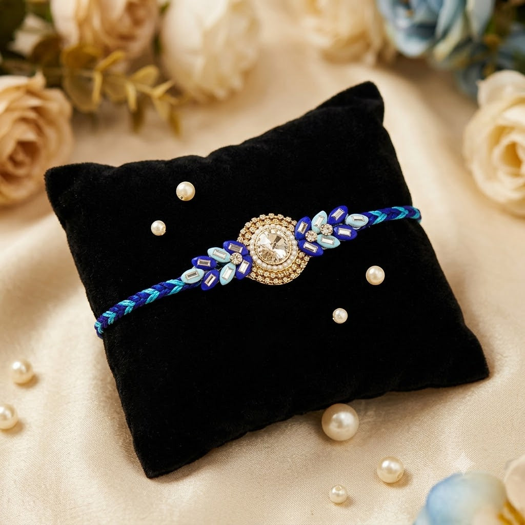Premium Solitaire Gem and Leaf Embellished Designer Rakhi