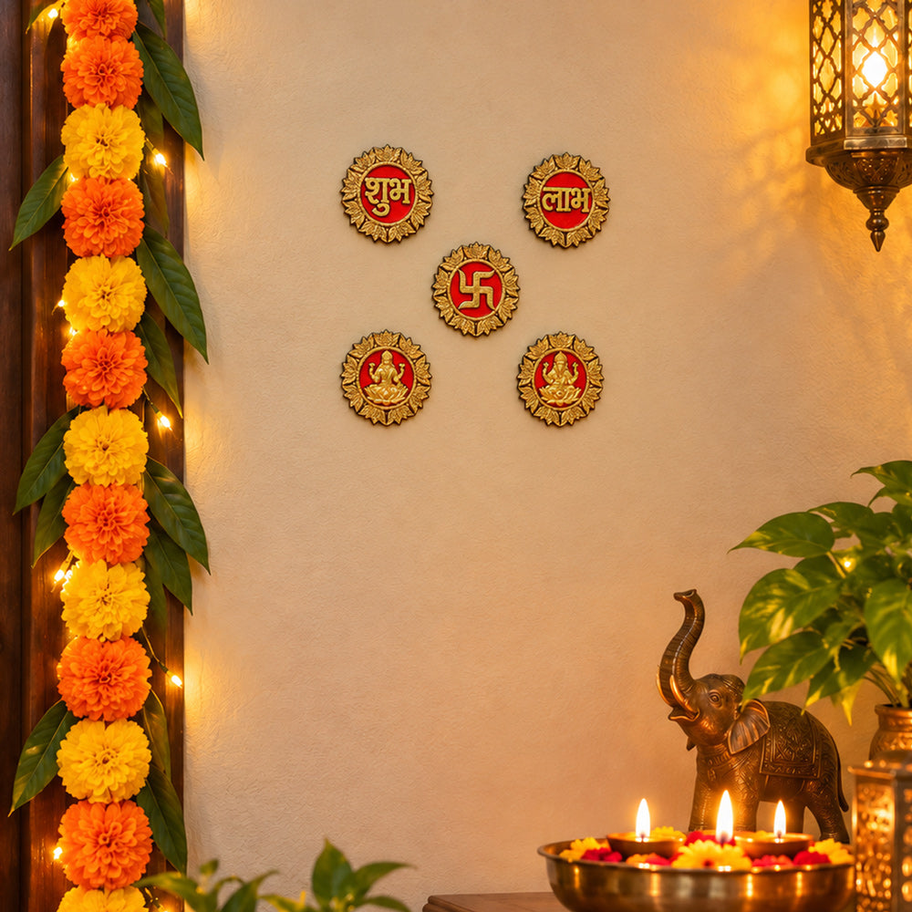 Ornate Round Gold Finished Shubh Labh and Deity Stickers Set of 5