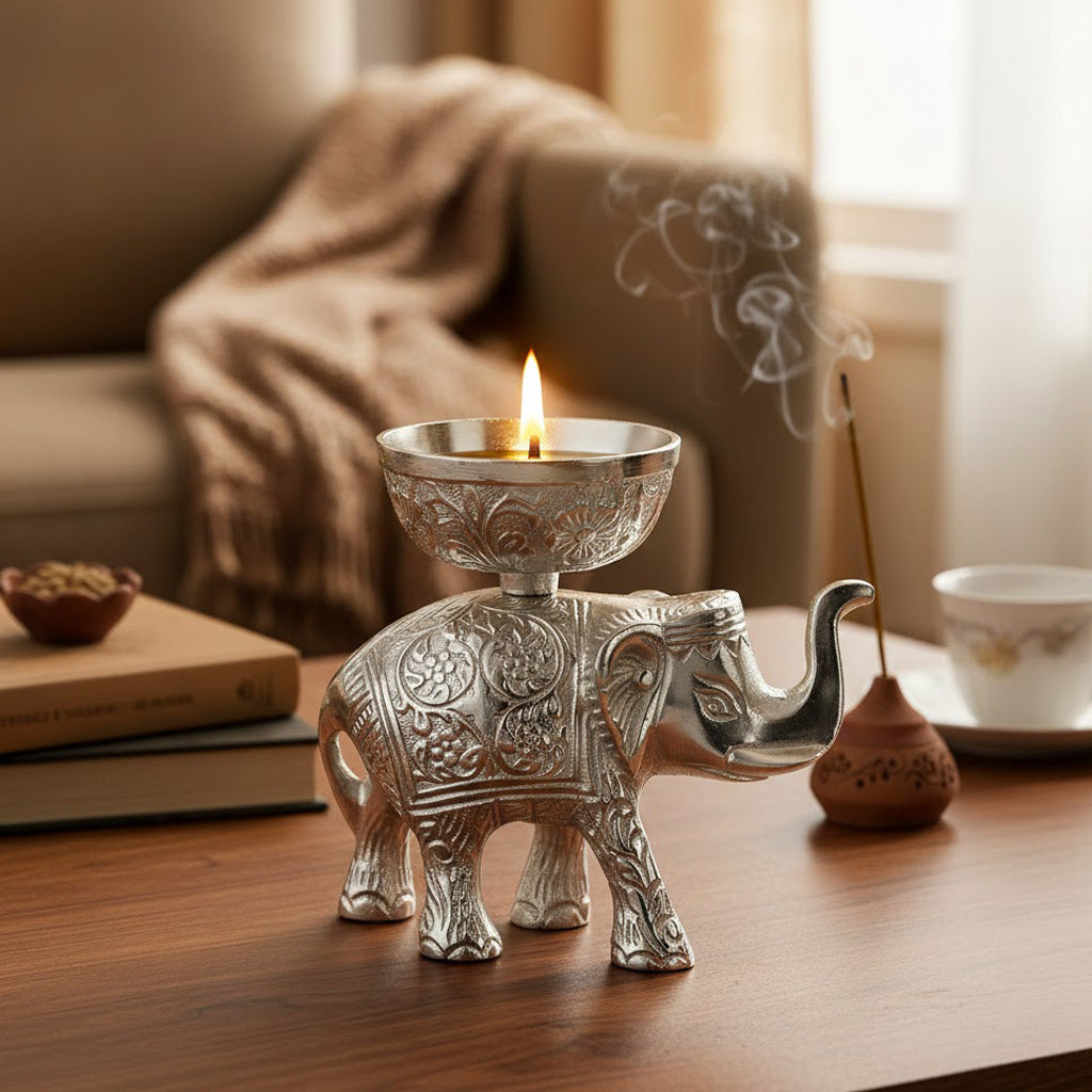 Elephant Oil Lamp Diya – Silver Plated Pooja Lamp Spiritual Use