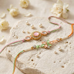 Pastel Pink Oval Stone Floral Cluster Designer Rakhi (Set of 2)