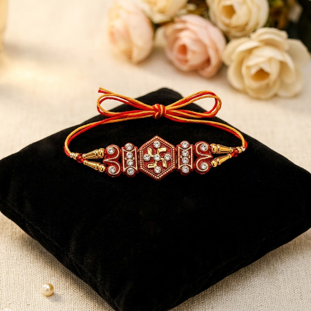 Traditional Divine Swastik Symbol Crystal Studded Rakhi