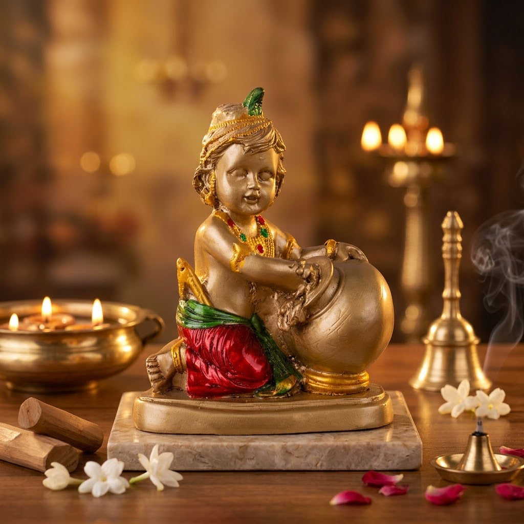 Premium Gold Crimson & Emerald Laddu Gopal Resin Statue