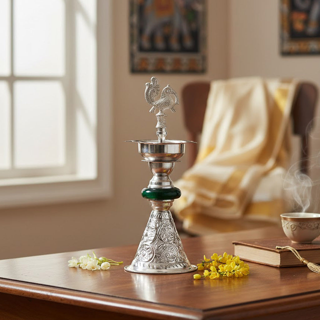 Silver Kerala Diya Samai – Traditional Pooja Oil Lamp Spiritual Use