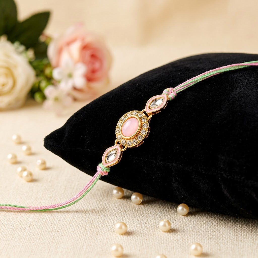 Pastel Pink Oval Stone and Kundan Designer Rakhi