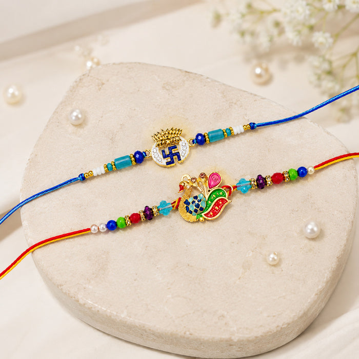 Multicolor Peacock Meenakari Swastik Designer Rakhi (Set of 2)