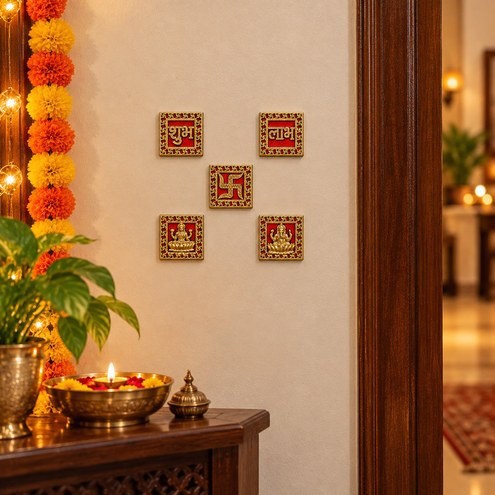 Ornate Square Gold Finished Shubh Labh and Deity Stickers Set of 5