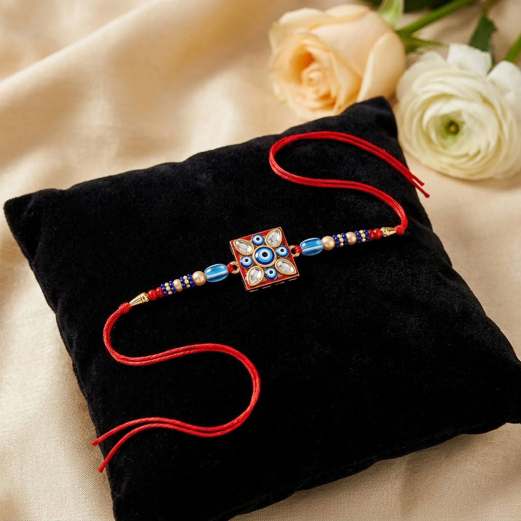 Red and Blue Beaded Square Evil Eye Medallion Rakhi