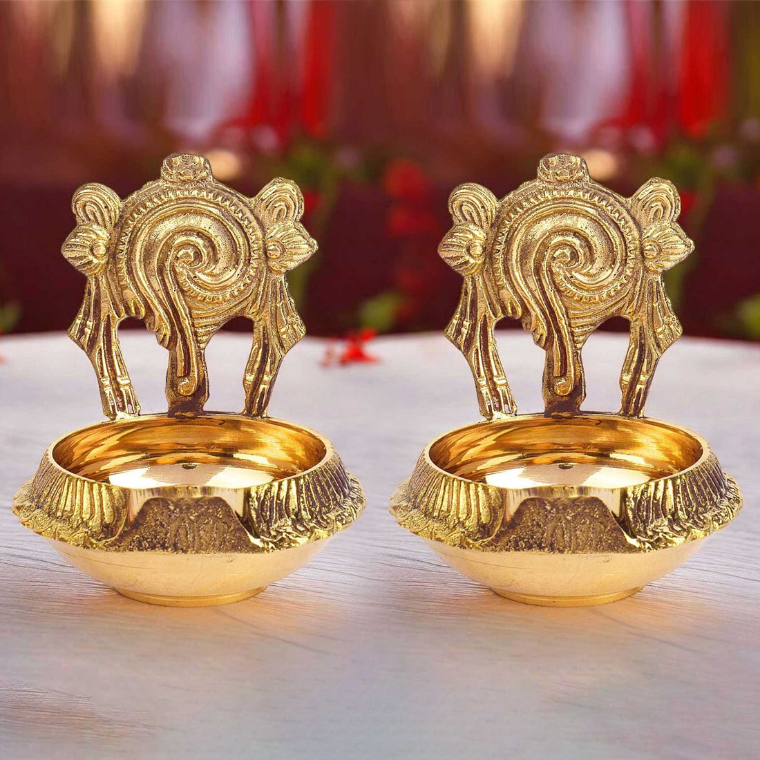 3–3.5 Inch Kuber Shankh Chakra Brass Diya – Pack of 2