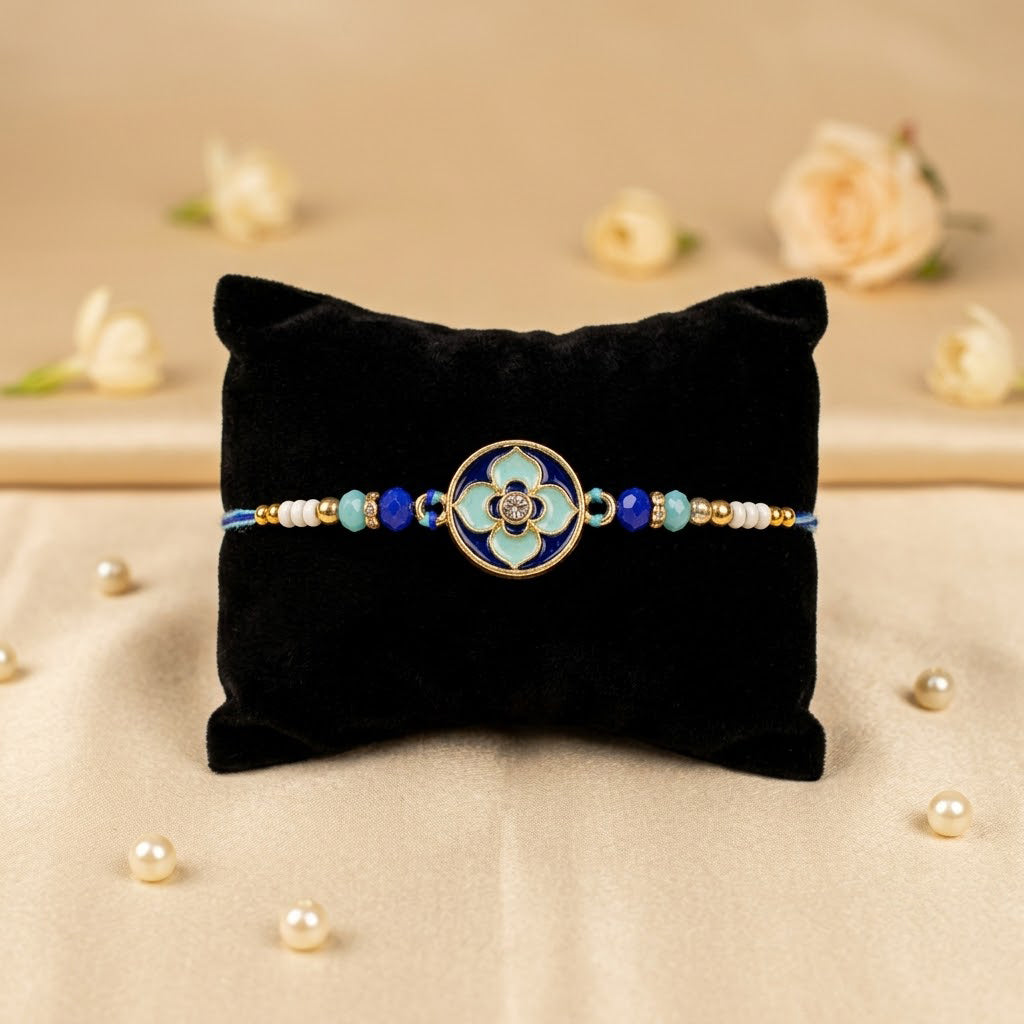 Traditional Royal Blue Floral Enamel Dial Rakhi