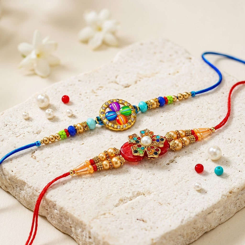 Multi Color Pinwheel and Red Floral Medallion Rakhi (Set of 2)