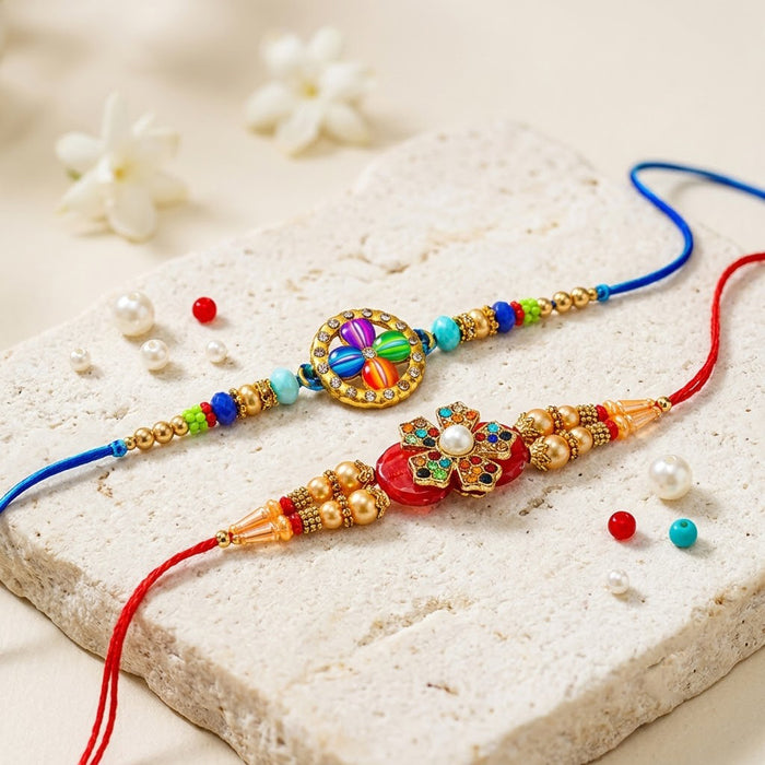 Multi Color Pinwheel and Red Floral Medallion Rakhi (Set of 2)