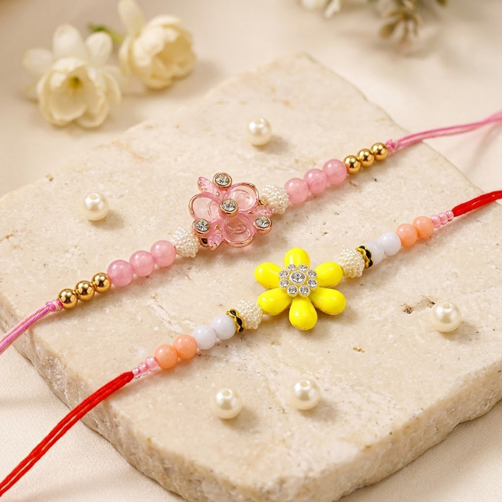 Traditional Pastel Pink and Yellow Floral Rakhi (Set of 2)