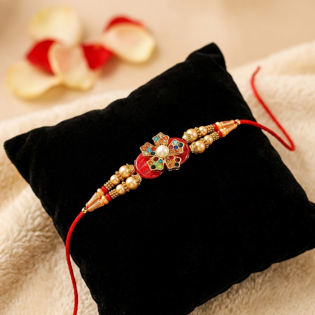 Multicolor Stone Floral Motif Golden Pearl Beaded Rakhi