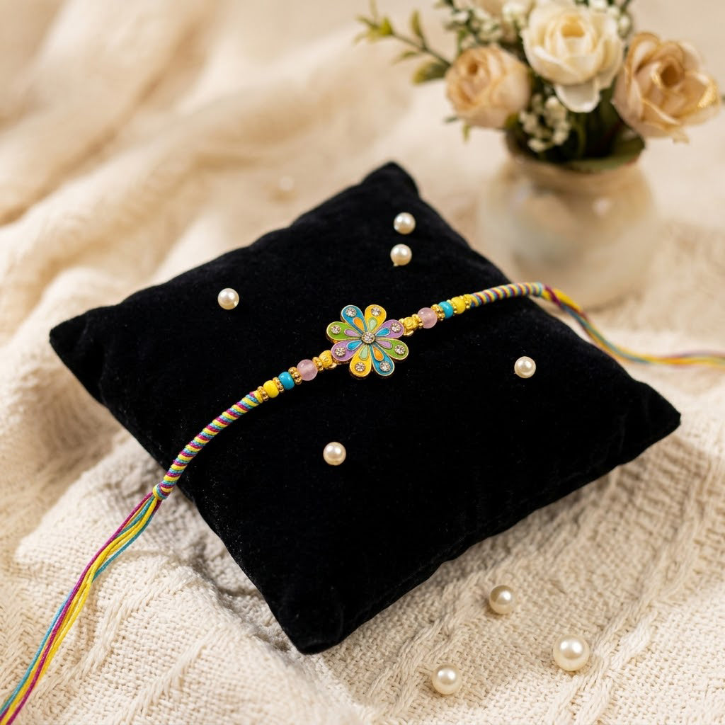 Multicolor Enamel Flower and Crystal Kids Rakhi