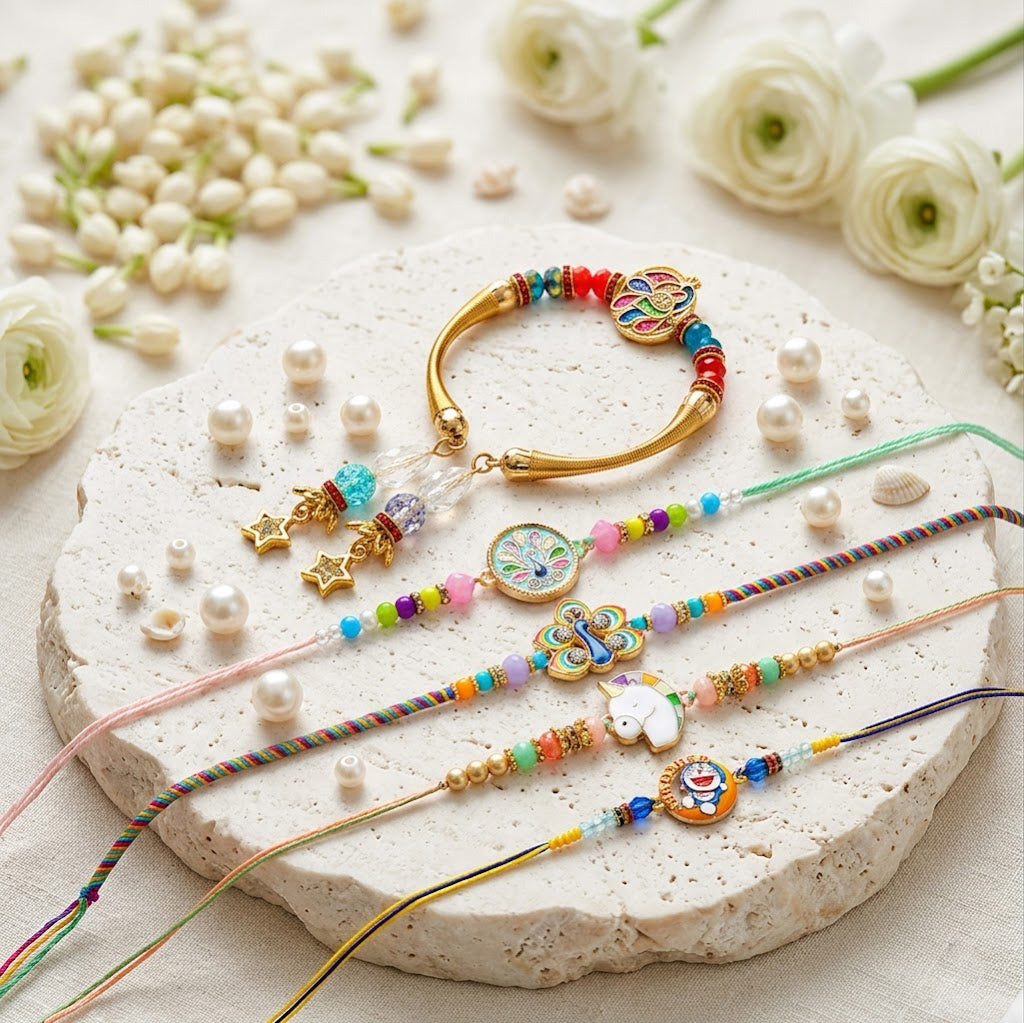 Meenakari Peacock Family Rakhi Pack (Set of 5)