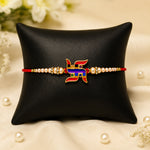 Multicolor Striped Swastik Emblem Golden Pearl Rakhi