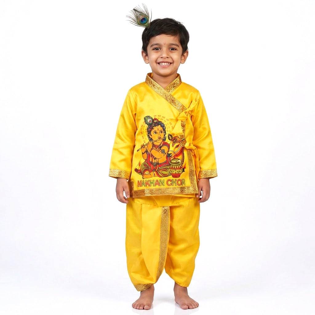 Size 3 Makhan Chor Yellow Krishna Dress with Golden Border