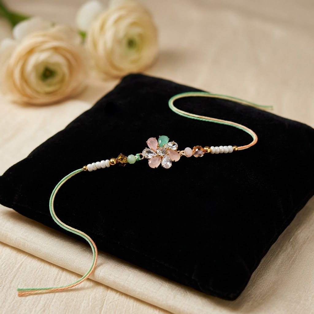 Green and Peach Crystal Floral Emblem Pastel Stones Rakhi