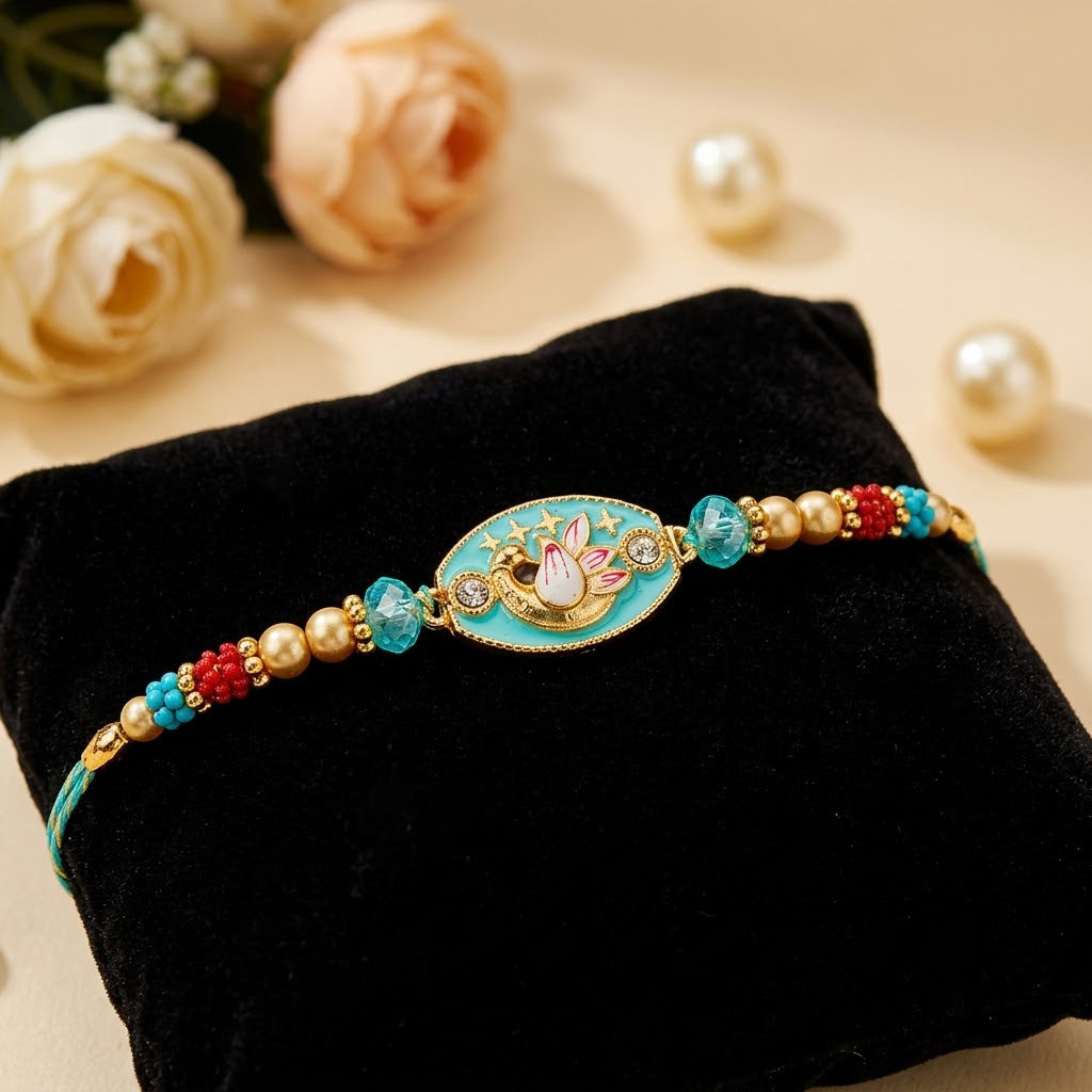 Traditional Turquoise Oval Swan Charm Stone Designer Rakhi