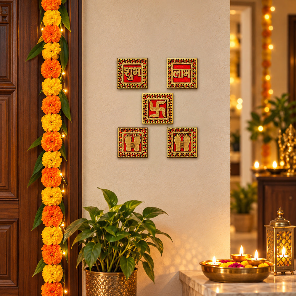 Red & Golden Bordered Shubh Labh Charan Paduka Set of 5