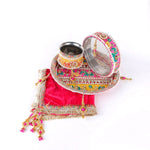 11 Pc Deep Pink Embroidery Karwa Chauth Thali Set