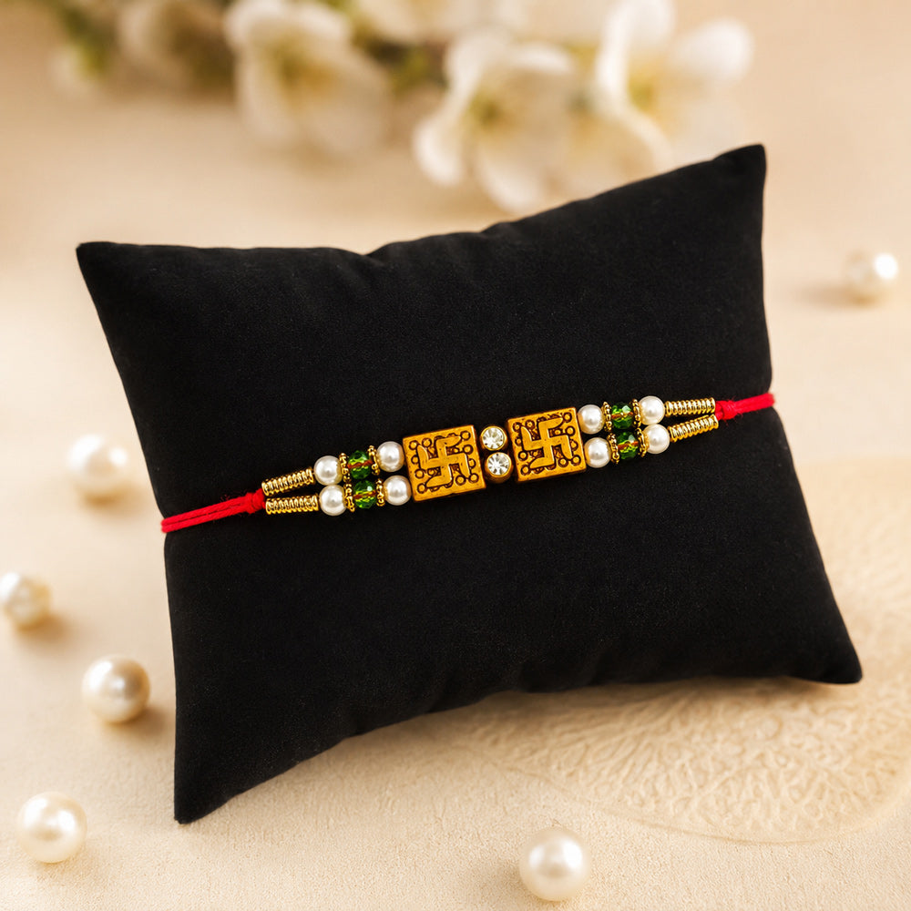 Twin Swastik Gold Finish Double Line Thread Rakhi