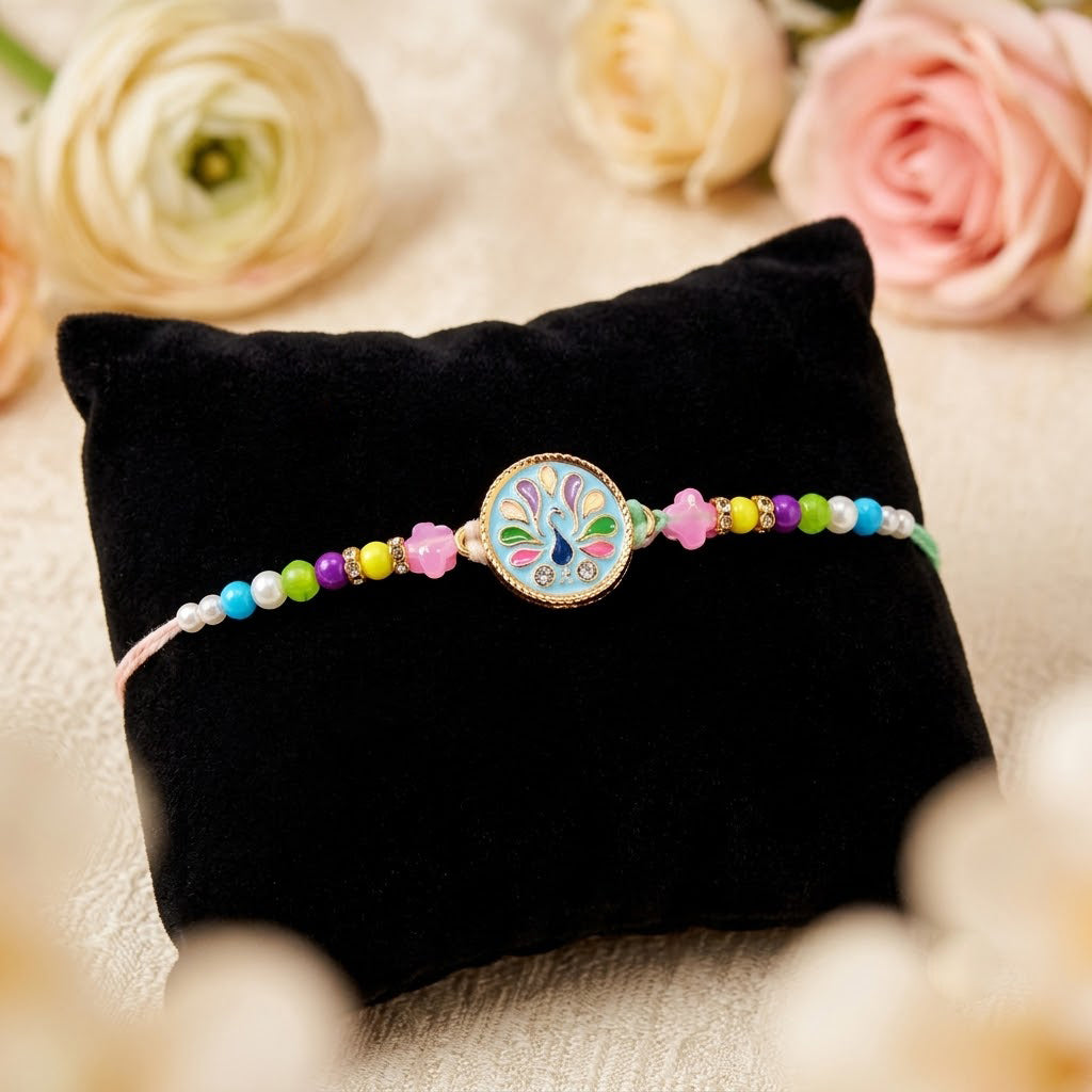 Traditional Peacock Enamel Dial Rainbow Beaded Rakhi