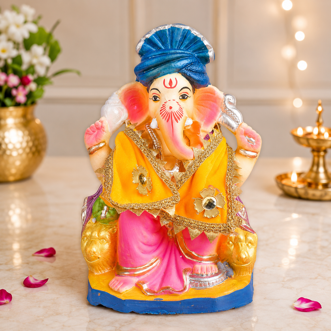 Premium Yellow Velvet Ganpati Patka with Gold Trim 15 Inch