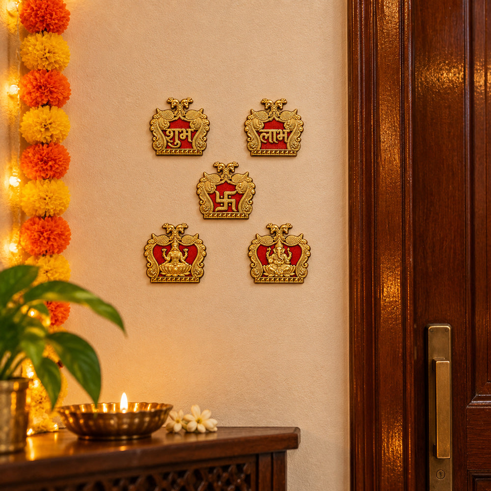 Red & Gold Shubh Labh, Swastik, Laxmi & Ganesh Sticker Set of 5