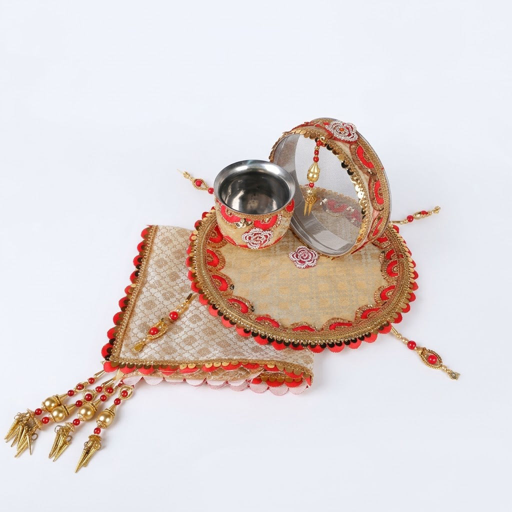 11 Pc Golden Grace Floral Karwa Chauth Thali Set
