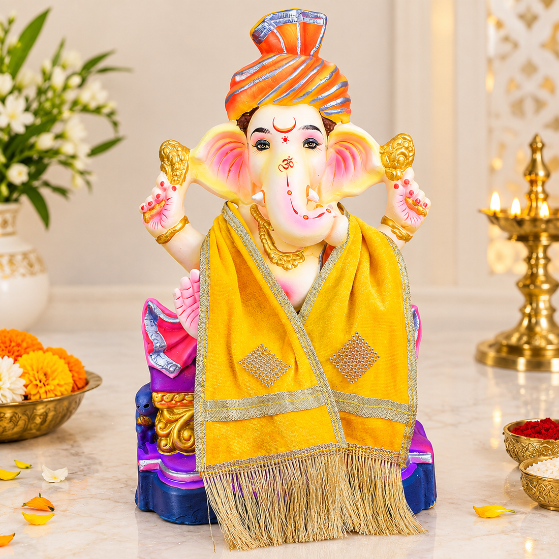 Yellow Velvet Ganpati Idol Patka with Gold Lace - 30 Inch