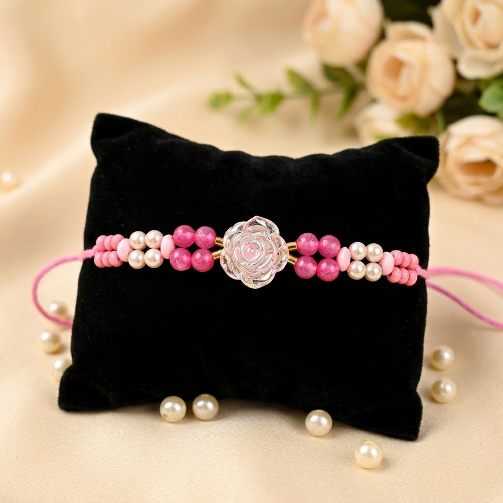 Aesthetic Clear Glass Rose Charm Beaded Designer Rakhi