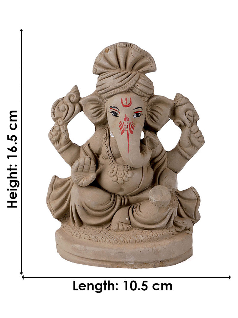 6 Inch Traditional Eco-Friendly Natural Clay Ganesha Idol with Pagdi