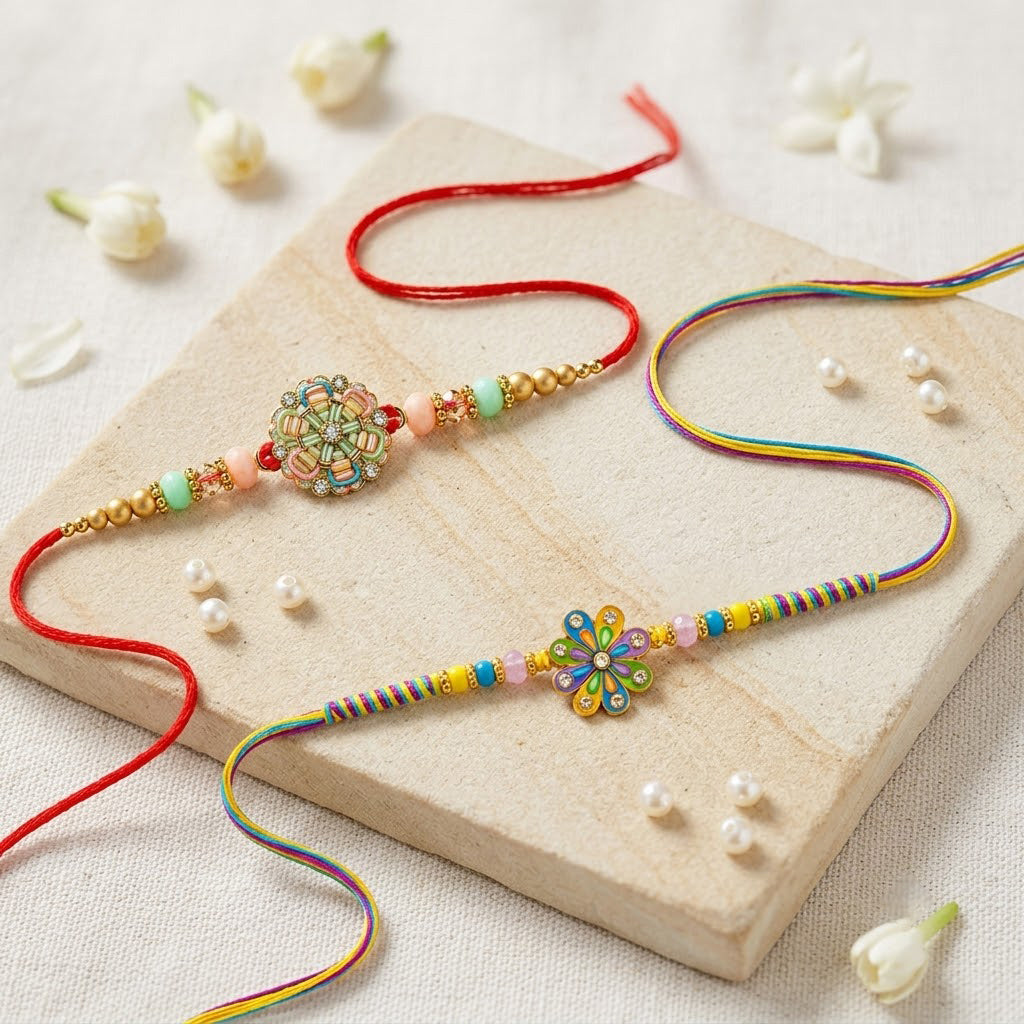 Pastel Wheel Medallion Daisy Designer Rakhi (Set of 2)