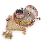 11 Pc Golden Criss Cross Peacock Designer Karwa Chauth Thali Set